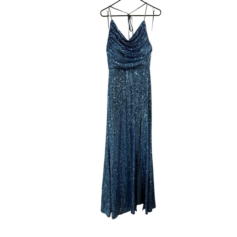 NWT Minuet Blue Sequin Rhinestone Back Formal Prom Gown Size L